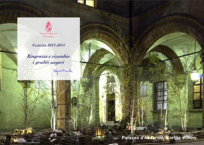 Cartolina di auguri del Sindaco con foto dell'allestimento di Arborea e Garden Club del Cortile di Palazzo D'Accursio, 2013
